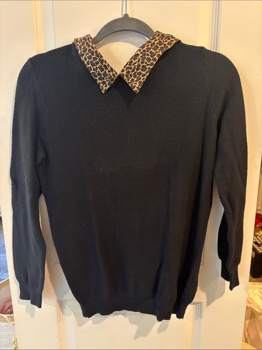 J. Crew Black Crewneck Sweater with Leopard Collar